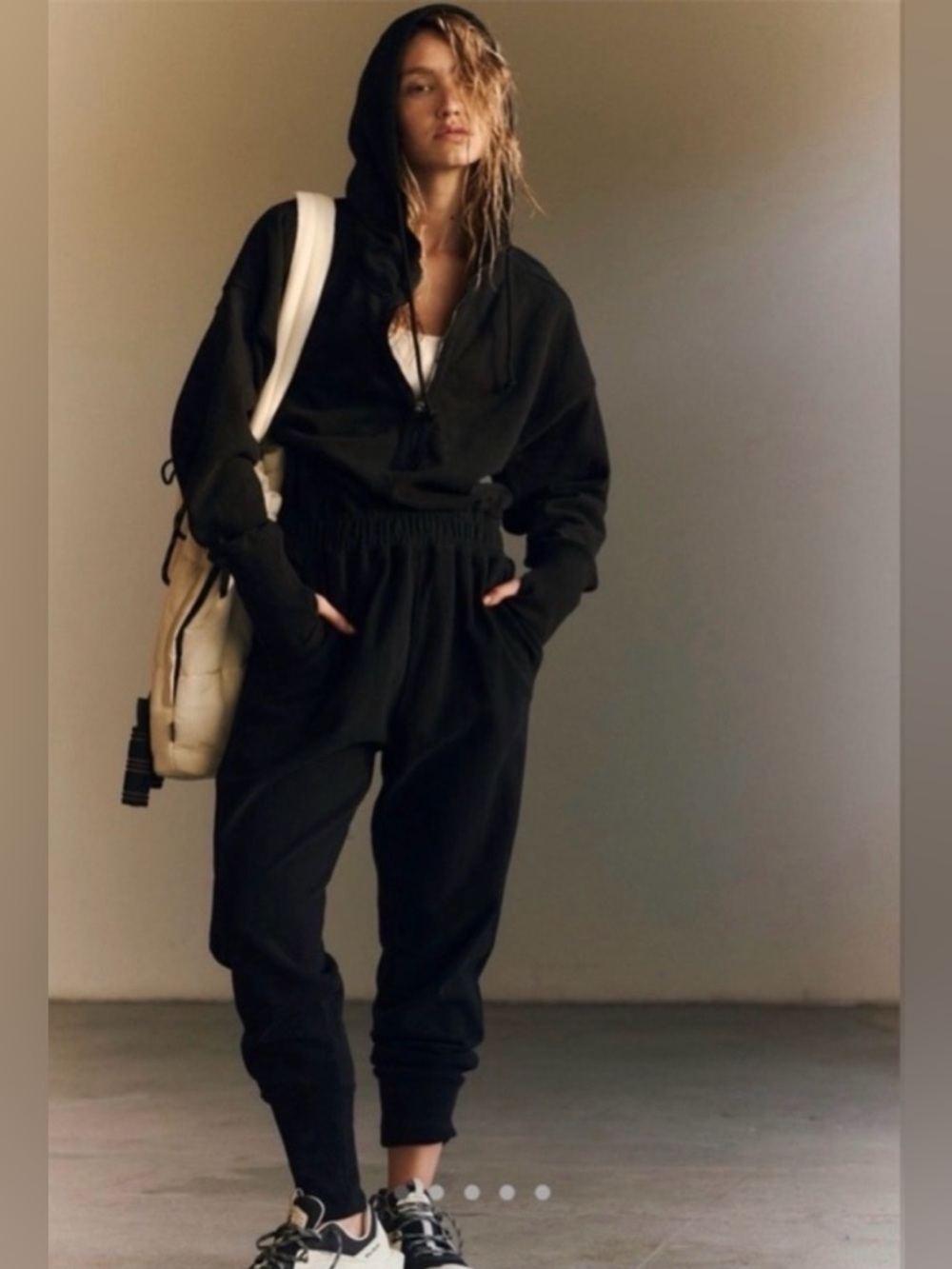 Free People Movement Black Hooded Sweatshirt Jumpsuit Jogger Romper XS